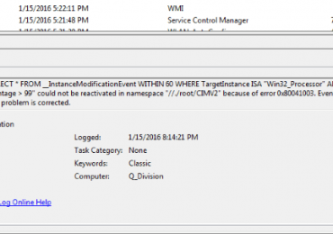 Win32_Processor» AND TargetInstance.LoadPercentage > 99″ could not be reactivated in namespace